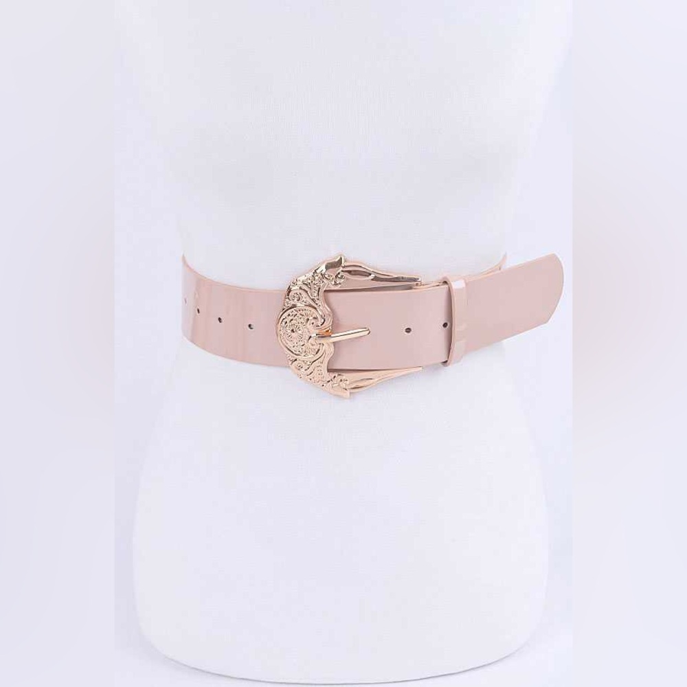 Plus Size Nude & Gold Patent Leather Statement Belt